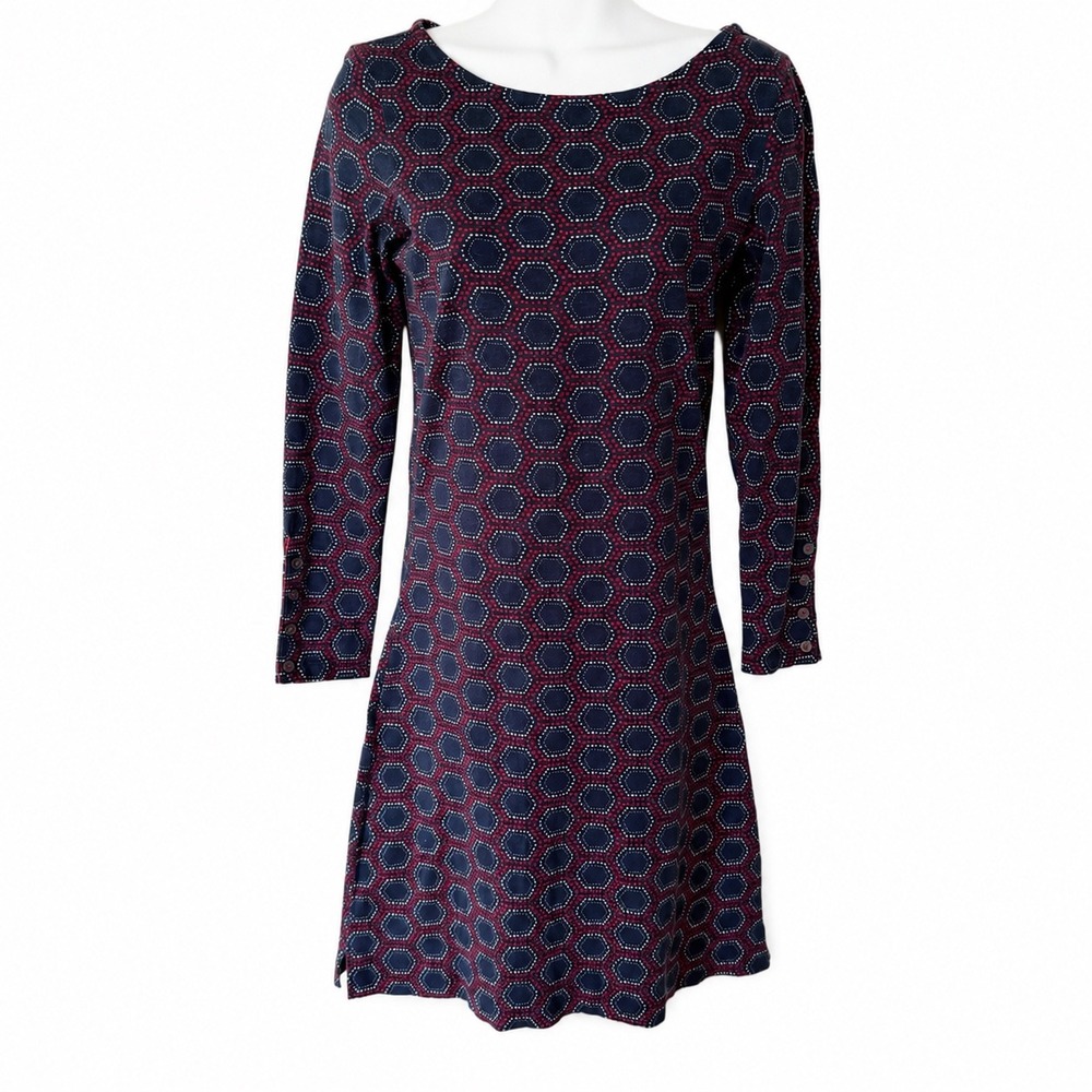 Hatley Women XS Navy Blue Red Hexagon Print Cotton Long Sleeve Shift Dress